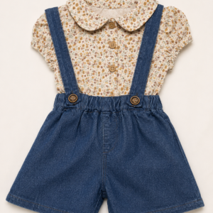 Completo da bambina con blusa floreale e salopette corta